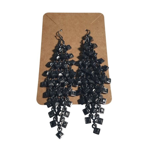 Black Dangle Chandelier Earring Hook Drop Heavyweight Multi Tier Square Handmade - Picture 1 of 4